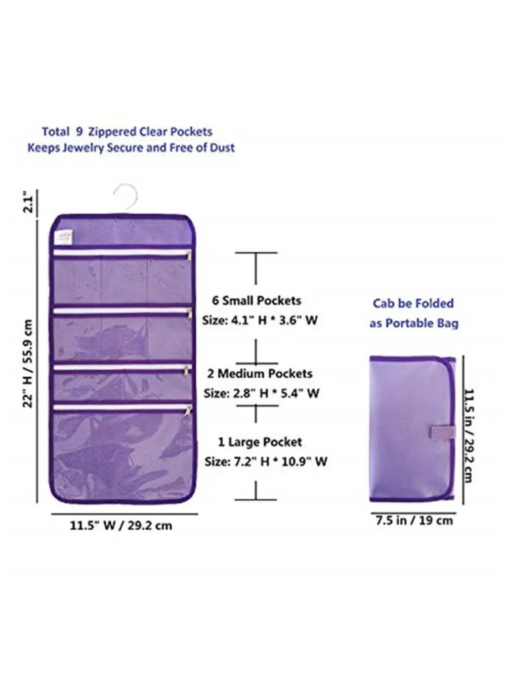 Hanging Jewelry Organizer Travel Storage Bag Clear Zipper Pocket Foldable Purple